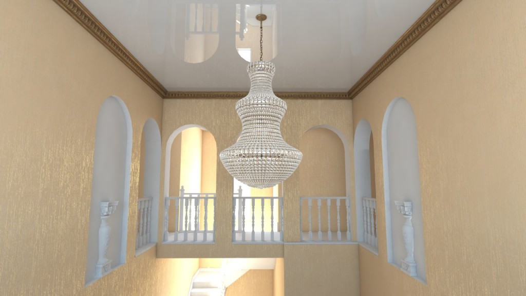 3D модель с визуализацией потолочного плинтуса и натяжного потолка